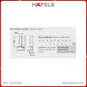 Bản Lề Trùm Ngoài Metalla A 110° Không Bật Hafele 315.31.550