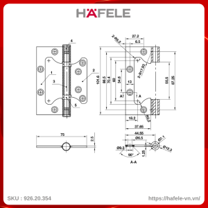 Bản Lề Lá Âm Dương 45Kg Inox201 Bauma 926.20.354