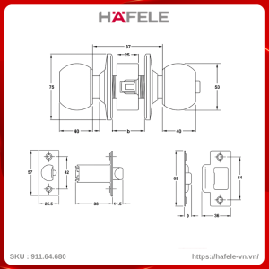 Khóa Nắm Tròn Cửa Chính Loại Nhỏ Hafele 911.64.680