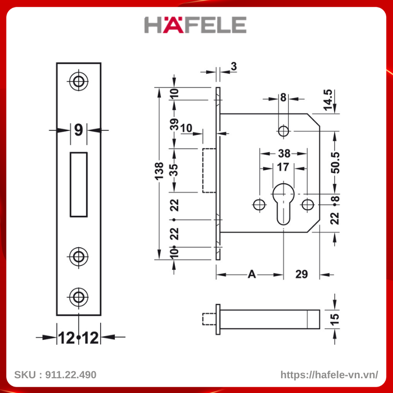 Thân Khóa Chốt Chết Hafele 911.22.490