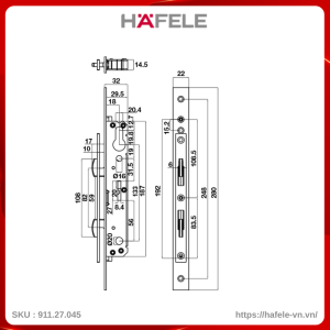 Thân Khóa Cửa Trượt Nhôm 20mm Hafele 911.27.045
