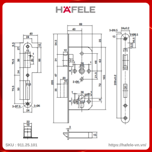 Thân Khóa Lưỡi Gà C/C 72mm Hafele 911.25.101