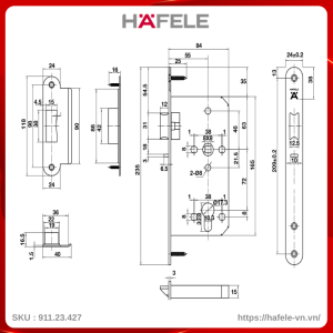 Thân Khóa Lưỡi Gà Chốt An Toàn C/C 72mm Hafele 911.23.427