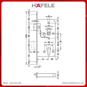 Thân Khóa Lưỡi Gà & Chốt Chết E55/72A Hafele 911.02.153