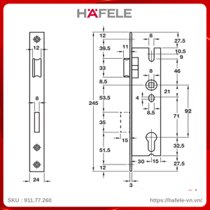 Thân Khóa Lưỡi Gà Chốt Chết Cửa Đố Nhỏ Hafele 911.77.260