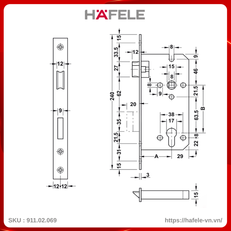 Thân Khóa Lưỡi Gà Chốt Chết C/C 85mm Hafele 911.02.069