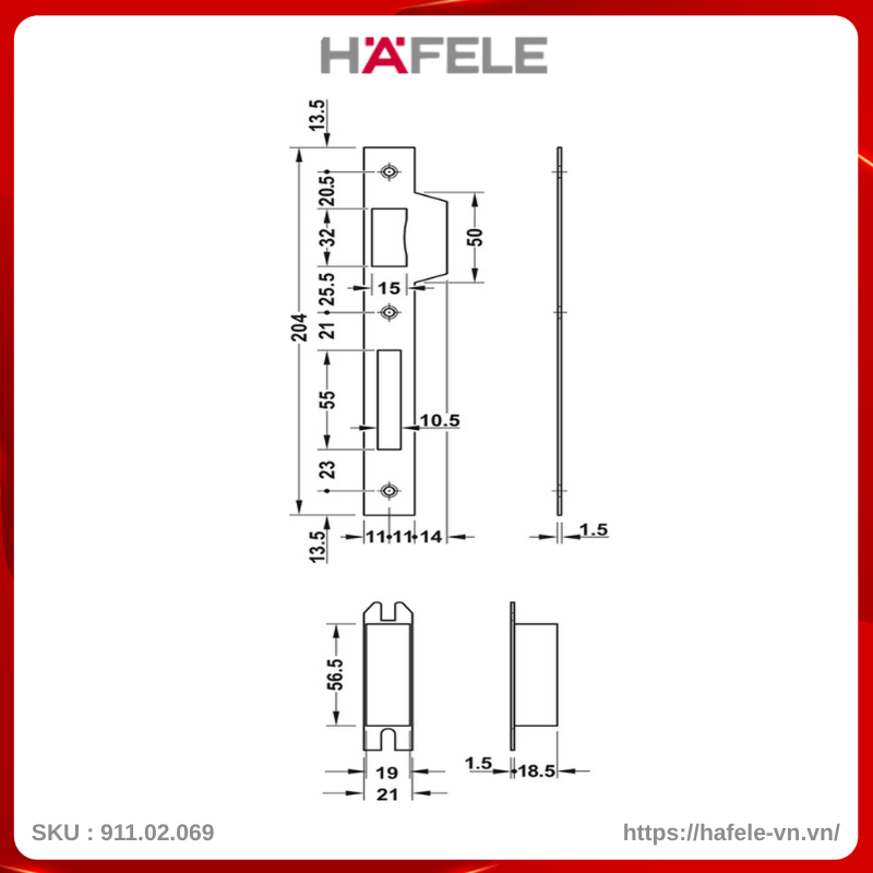 Thân Khóa Lưỡi Gà Chốt Chết C/C 85mm Hafele 911.02.069