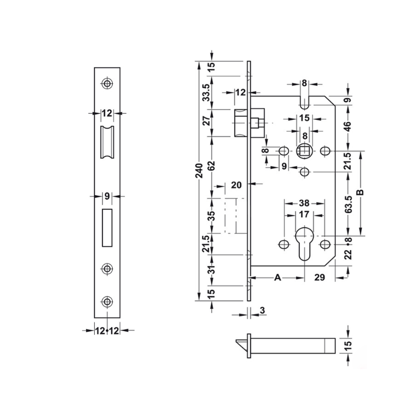 Thân Khóa Lưỡi Gà Chốt Chết C/C 85mm Hafele 911.02.069