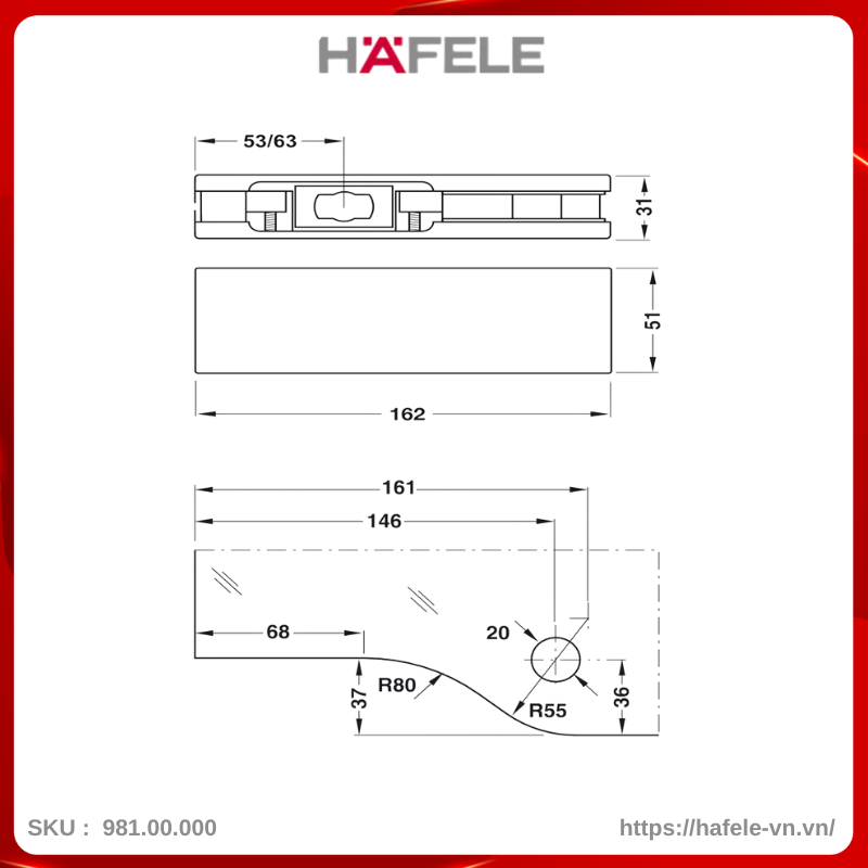 Kẹp Kính Dưới Inox Mờ Hafele 981.00.000