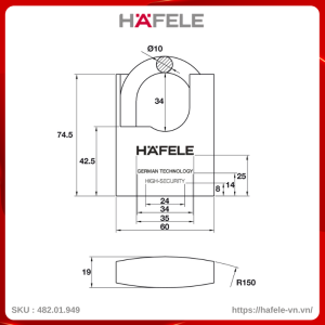 Khóa Treo Chốt Cắt Super 60mm Hafele 482.01.949