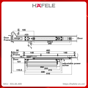Tay Đẩy Hơi Âm Hafele 931.84.409 Tải Trọng 100Kg