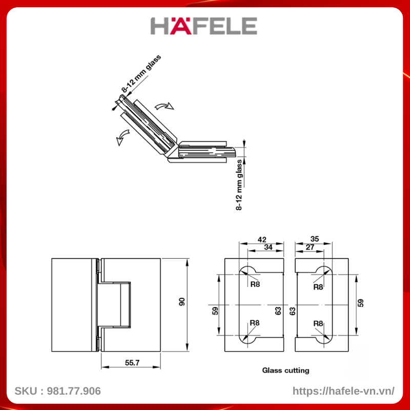 Bản Lề Phòng Tắm Kính 90º Hafele 981.77.906
