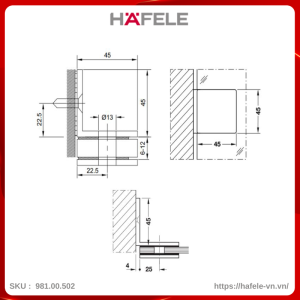 Bản Lề Phòng Tắm Kính Tường 90º Hafele 981.00.502