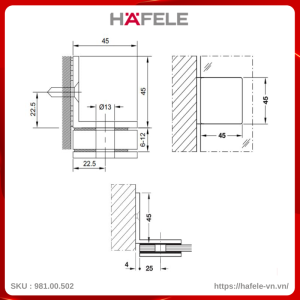 Bản Lề Phòng Tắm Kính Tường 90º Hafele 981.00.502