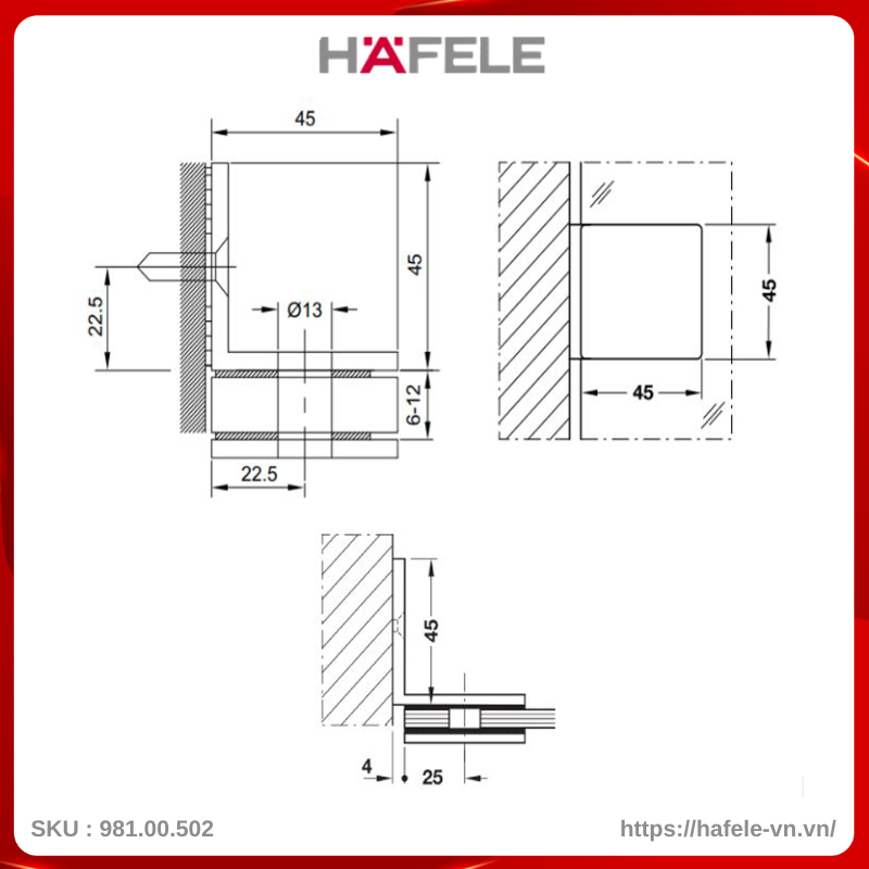 Bản Lề Phòng Tắm Kính Tường 90º Hafele 981.00.502