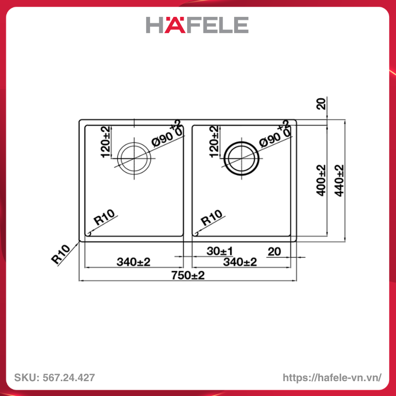 Chậu Rửa Chén Bát Inox HS24-SSN2S-750 Hafele 567.24.427 - Ảnh 4