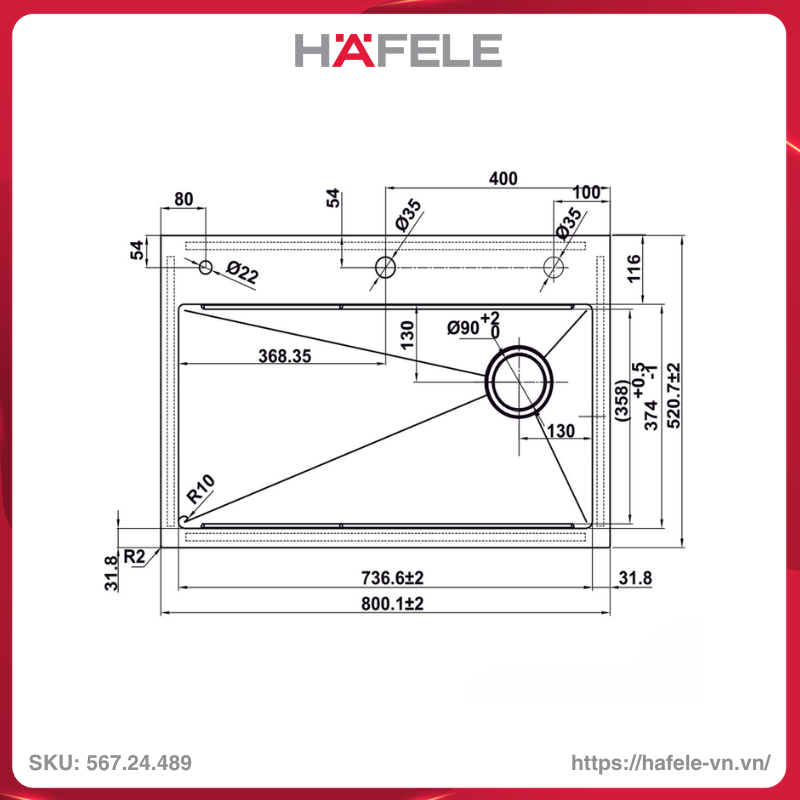 Chậu Rửa Chén Bát Inox WF R10 HS25-SSN1S-8052 Hafele 567.24.489 - Ảnh 4